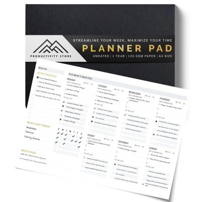 Productivity Store - Weekly Desk Planner Pad, 12-Month A4, Black 