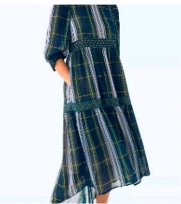 Gretchen Scott Peasent Watteau Plaid Blue Green Maxi Dress Women S NEW Nwt $209