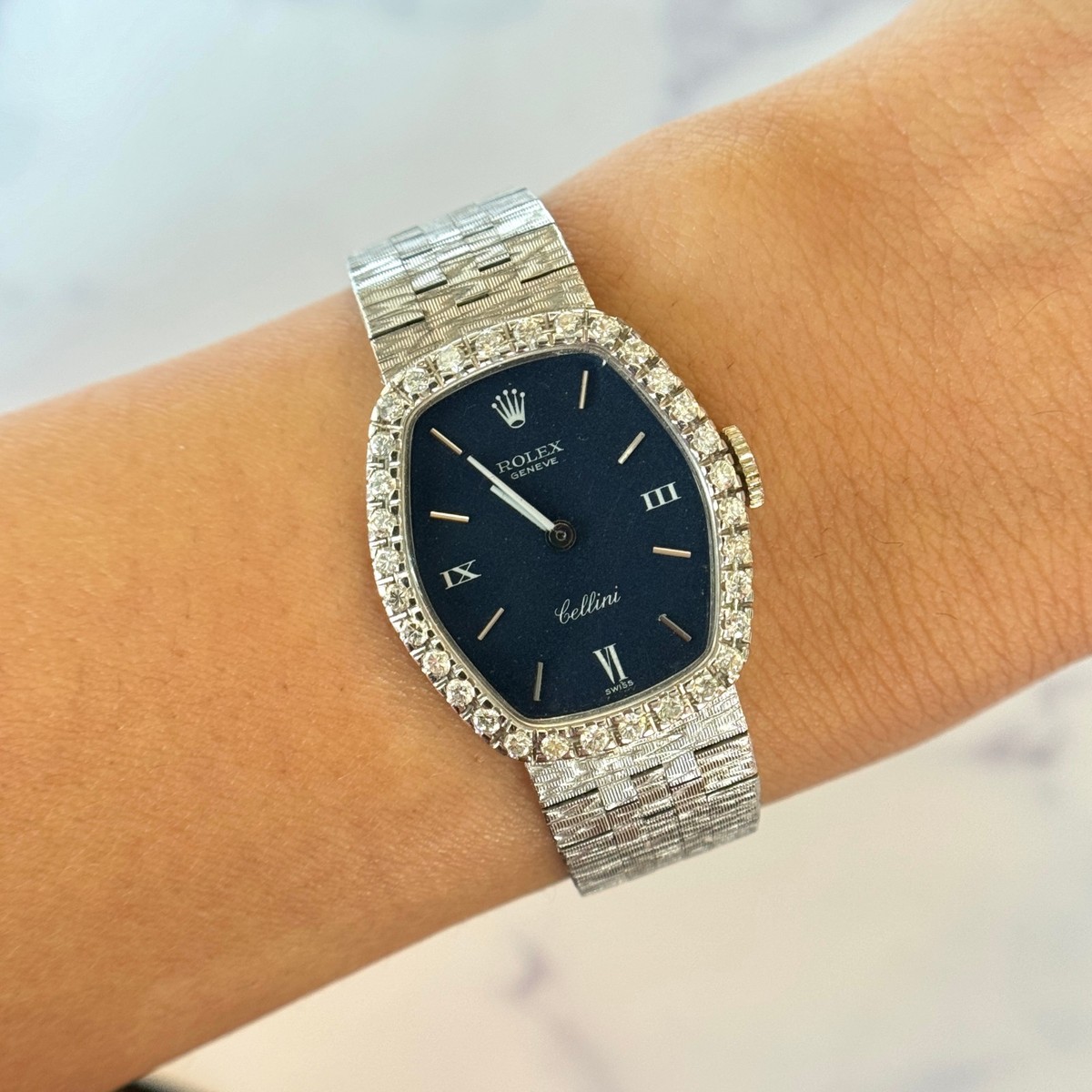 Rolex Cellini Ladies Diamond Bezel Navy Blue Dial 18K White Gold