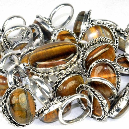 Elegant Tiger Eye Gemstone 925 Sterling Silver Plated Wholesale Unisex Rings Lot - Picture 2 of 3