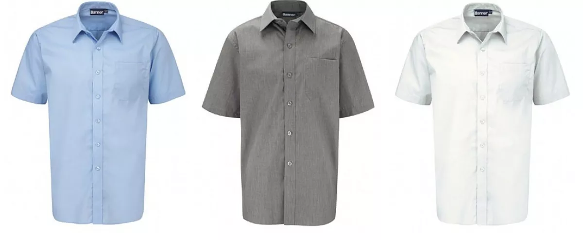 Traditional Button Front Grey Blue White SHORT Sleeve School Uniform Shirts