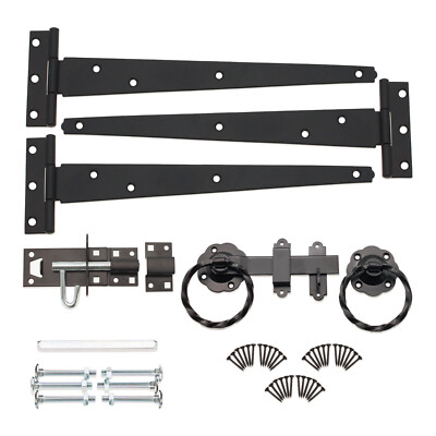 T-Stück Scharnier (3) 10'' Drehring Riegel Bolzen Set Holz Gartentor Beschlagset schwarz