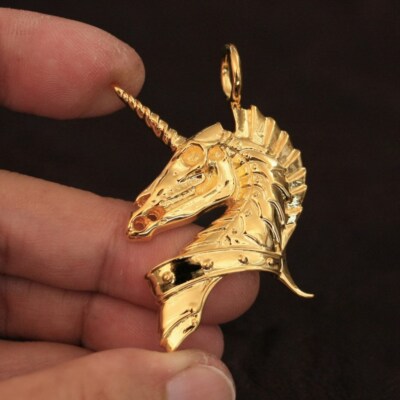 Gold Plated Brass Skull Unicorn Pendant Biker Rock Punk