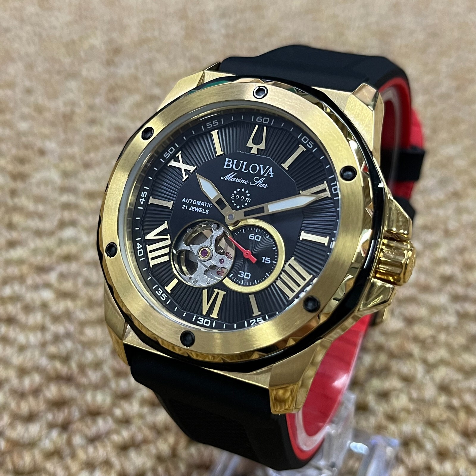 Bulova Marine Star Black Dial Rubber Strap Stainless Steel Men's Watch 98A272