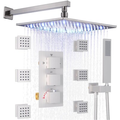 Brushed Nickel Thermostatic 8/12/16'' LED Shower System with Full Jets Wall Mount