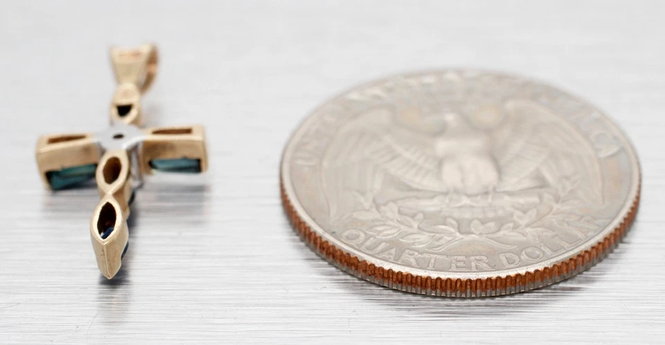 Vintage 0.50ctw Blue Sapphire & Diamond Cross Pendant - 14k Yellow Gold Charm - Image 4 of 4