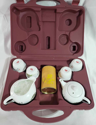 White portable/travel/camping 11 piece tea/sake set teapot -teacups- cups w/case