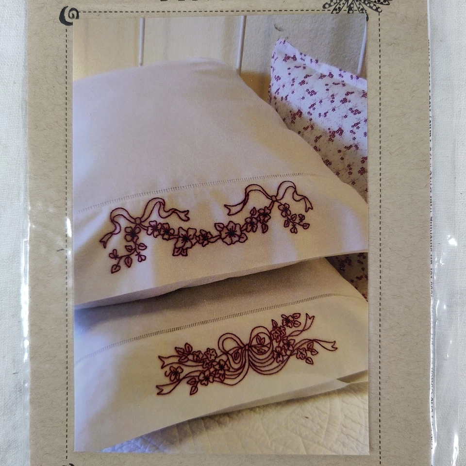Ribbons & Blossoms RedWork Pillowcase Embroidery Pattern Template Small 4" x 10" - Image 2 of 4