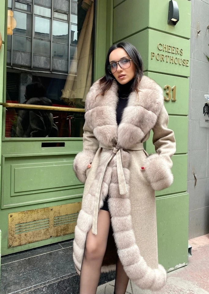 100% Alpaca Women's Winter Coat Real Fox Fur Long Overcoat Soft Stylish Beige - Image 2 of 3
