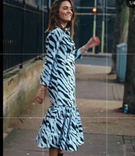 NEW Zara Blue Black Animal Zebra Print Cotton Midi Shirt Dress size M 12 14