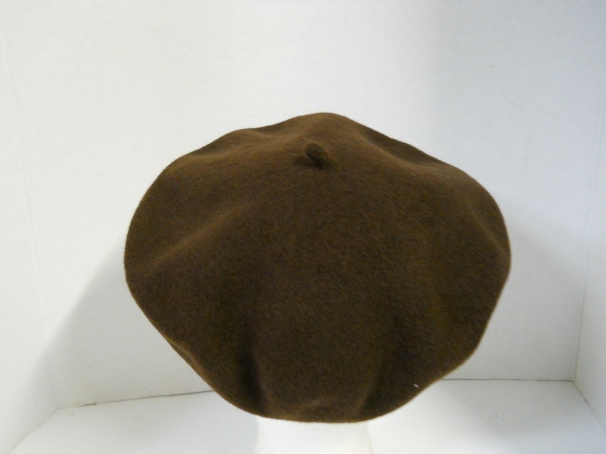 French Style Brown Wool Beret Beanie Cap Hat w/ Faux Leather