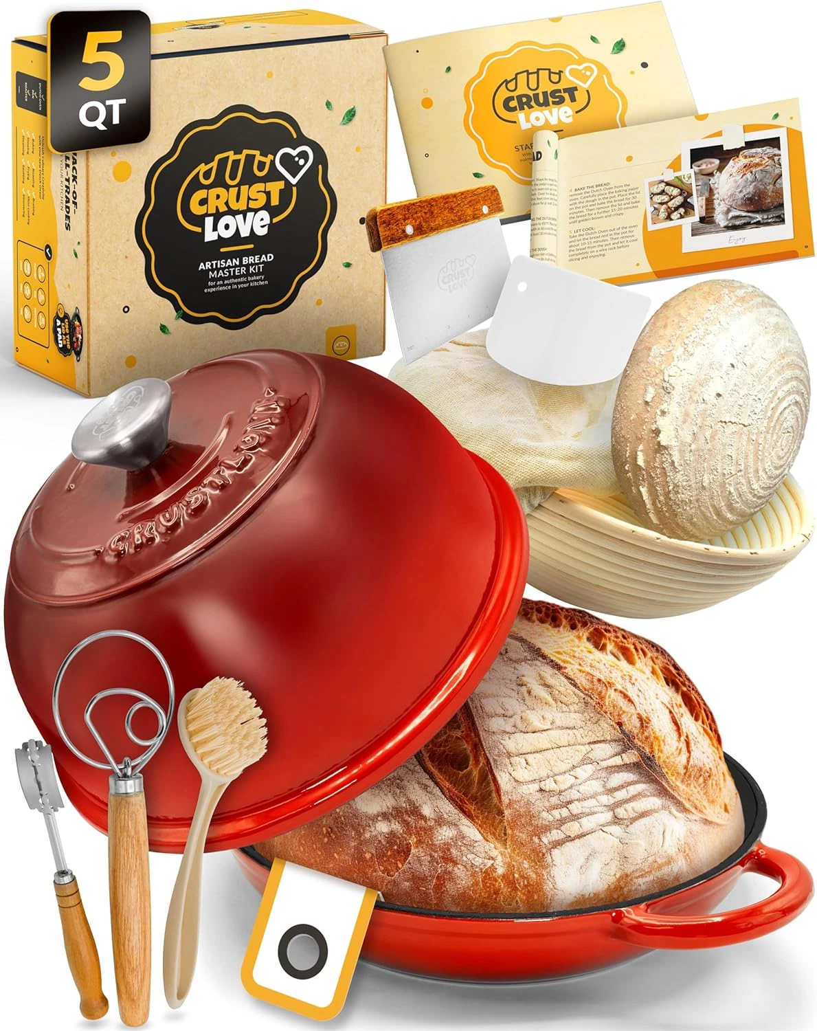 5QT Dutch Oven Bread Kit - Enamel Cast Iron with Sourdough Tools & Lid