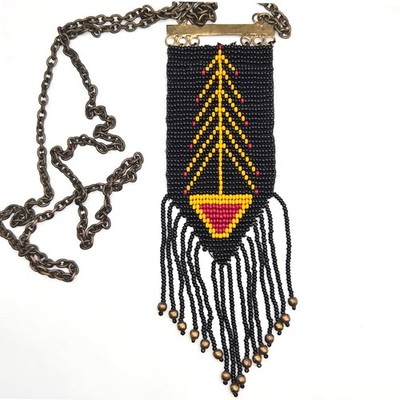 Beaded Tribal Pattern Pendant Necklace Brass Chain Fringe 32 In Handmade READ