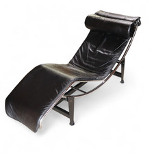 Vintage Le Corbusier Style Chrome & Black Leather Chaise Longue /Lounge Day bed