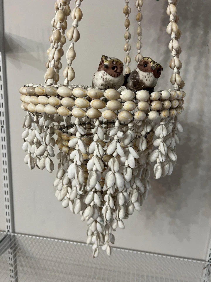 Araña colgante bohemia concha marina móvil decoración costera canasta en niveles pájaros Foto 2 de 4