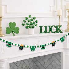 8.2Ft St. Patrick'S Day Felt Pom Banner Lucky 3D Shamrock Hat Pot Garland Green