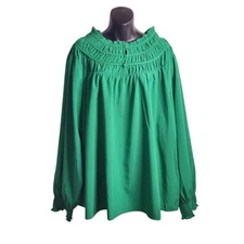CATO Blouse Womens Green Smocked Neckline Longsleeve Plus Size Top Blouse 26/28W