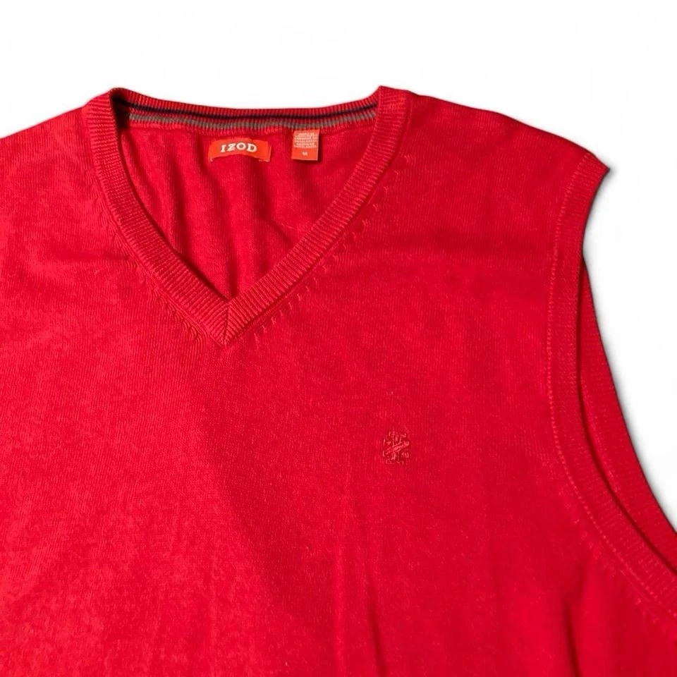 Suéter Chaleco Izod Para Hombre Vintage Tejido con Cable Cuello en V L Rojo Pullover Sin Mangas Foto 3 de 4