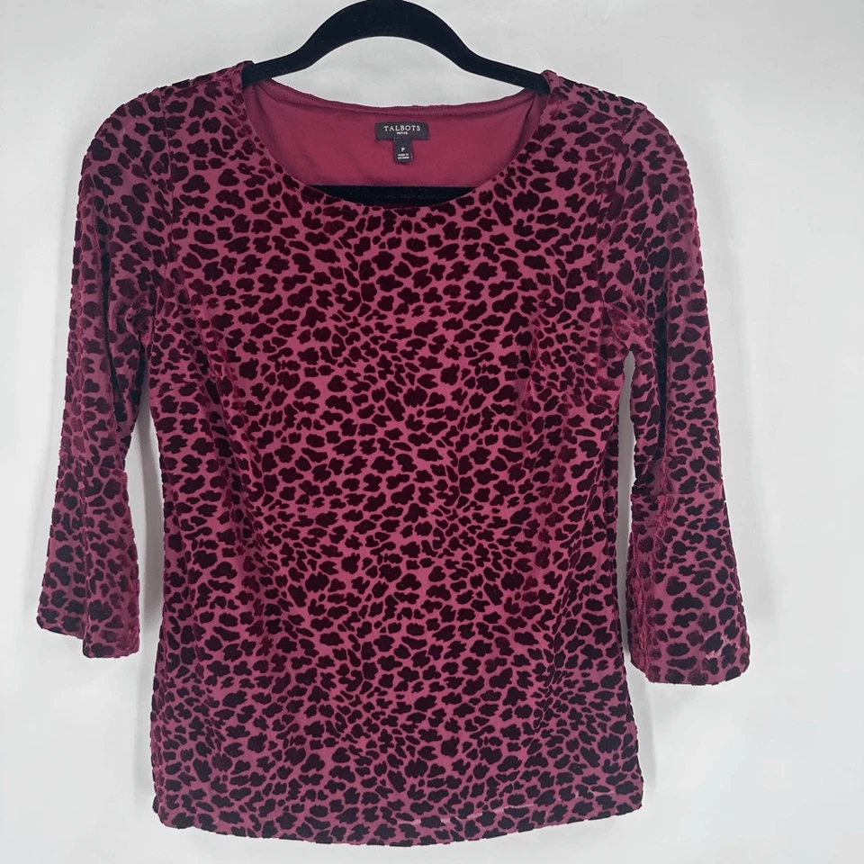 Talbots Velvet Burnout Bell Sleeve Top Women S Petite Burgundy Leopard Print - Image 2 of 4