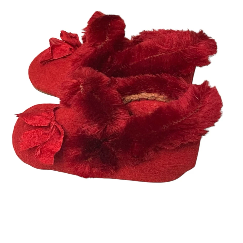 Edwardian Victorian Children Shoes Red Felt, Faux Fur,  Slippers Size 3.5 - Image 2 of 4