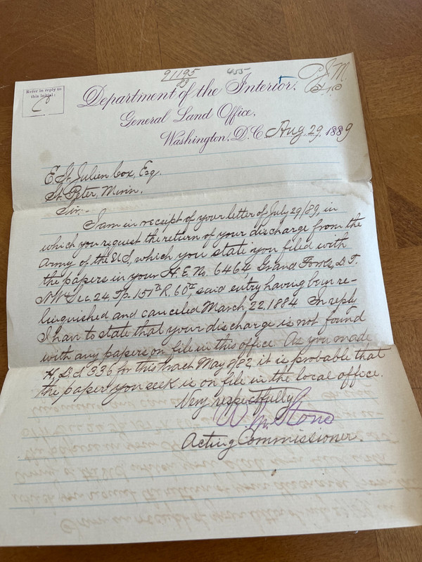 1889 WILLIAM STONE AUTOGRAPH SIGNED DEPT OF THE INTERIOR WASHINGTON DC