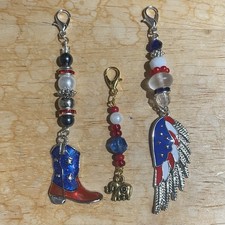 3 Purse Charms Beaded Patriotic Boots, Elephant, WING Zipper Pull Key Chain