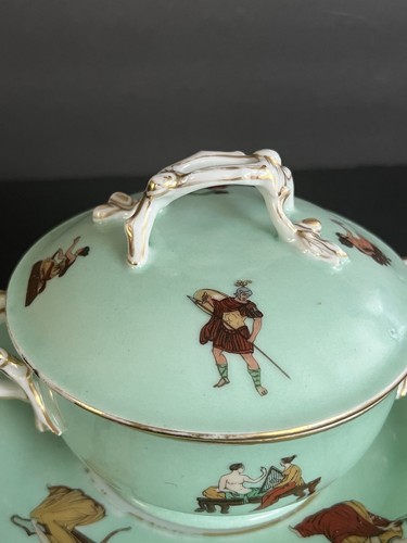 Vintage Covered Bouillon Soup Bowl Neoclassical Mint Green & Gold C.1920s - Picture 3 of 13