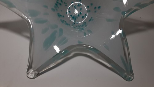 Handmade Art Glass Bowl Blue White 6 Point Star Shape 12" x 3.5" High Freeform - Picture 3 of 9