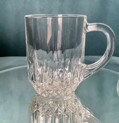(4) VINTAGE ARCOROC  CUT CLEAR GLASS COFFEE CUPS / MUGS - STARBURST PATTERN