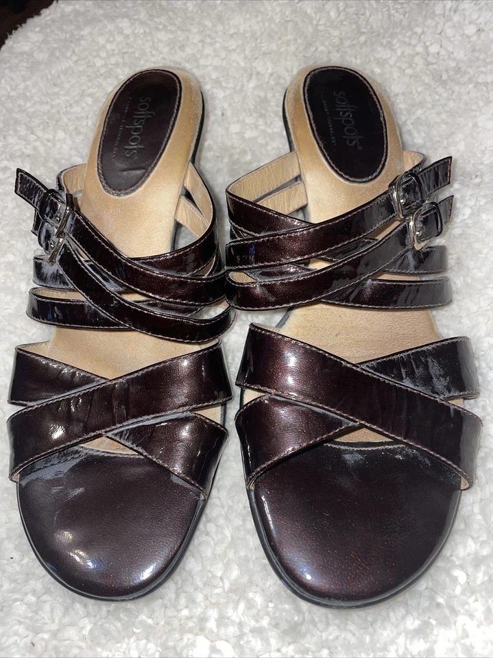 Softspots Strappy Open Toe Sandals Size 9.5 Brown Block Heel Woman Buckle Accent - Image 2 of 4