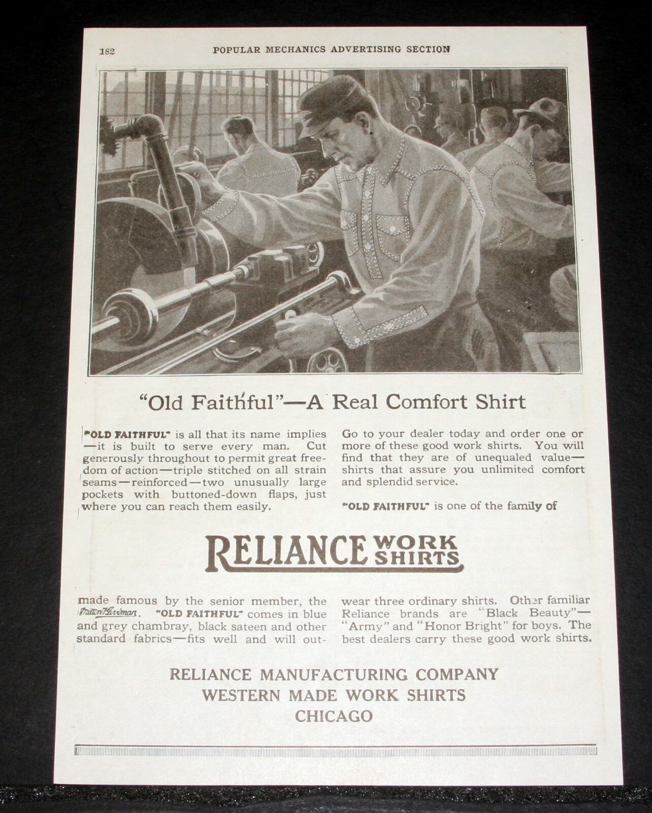 1919 OLD MAGAZINE PRINT AD, RELIANCE WORK SHIRTS, "OLD FAITHFUL" - REAL COMFORT!