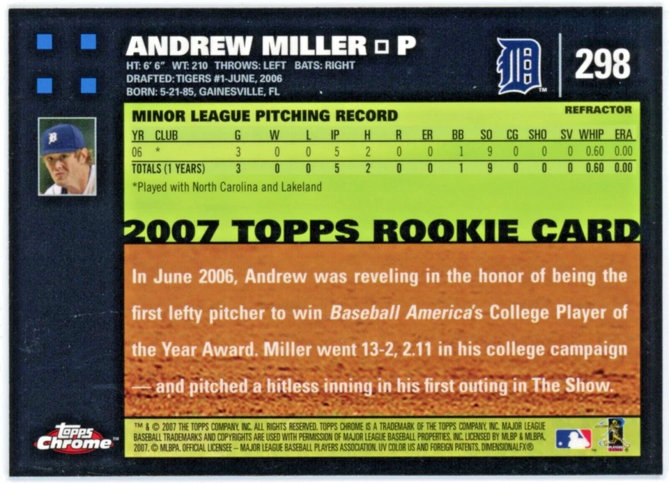 2007 Topps Chrome REFRACTOR #298 Andrew Miller Rookie RC * Detroit Tigers - Image 2 of 2