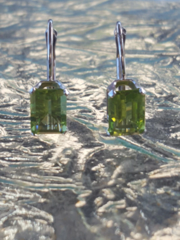 Peridot Labcreated Octagon Cut Leverback Earrings 14kt Solid White Gold  - Image 2 of 4