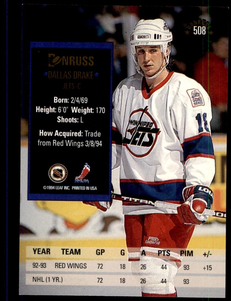 1993-94 Donruss Dallas Drake Winnipeg Jets #508 - Image 2 of 2