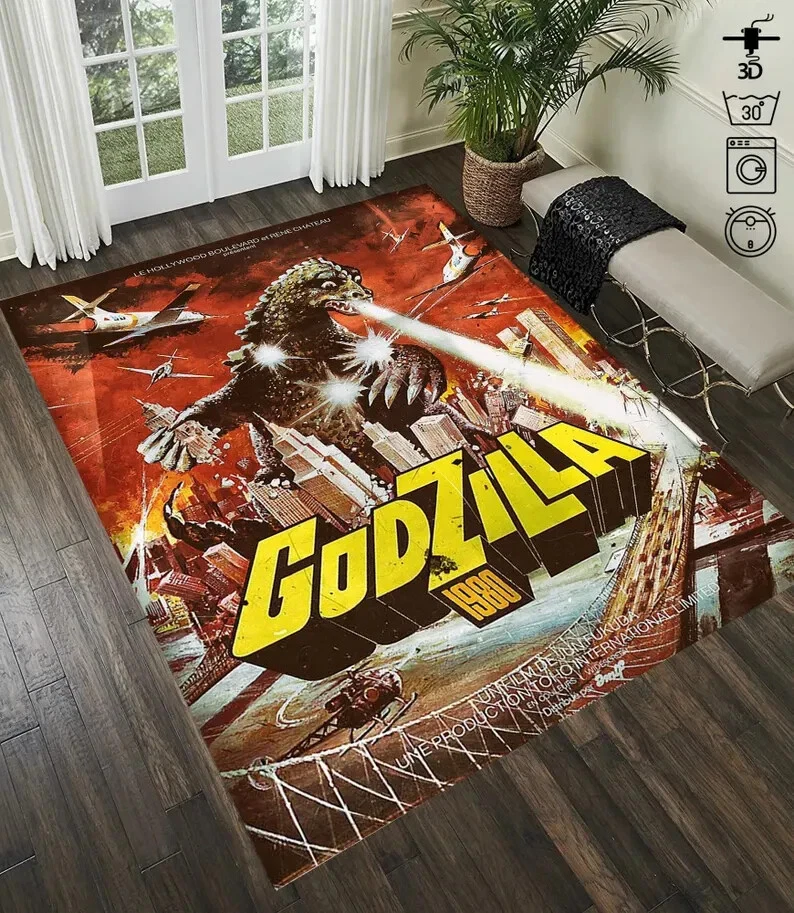 god zilla Rug, Retro Comic Book Style Monster Icon Floor Mat