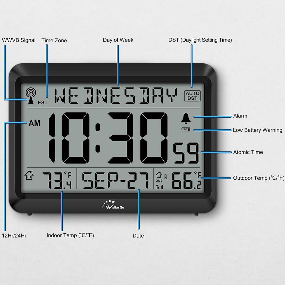 Atomic Self-Setting Digital Clock – Indoor/Outdoor Temp, Alarm, Calendar