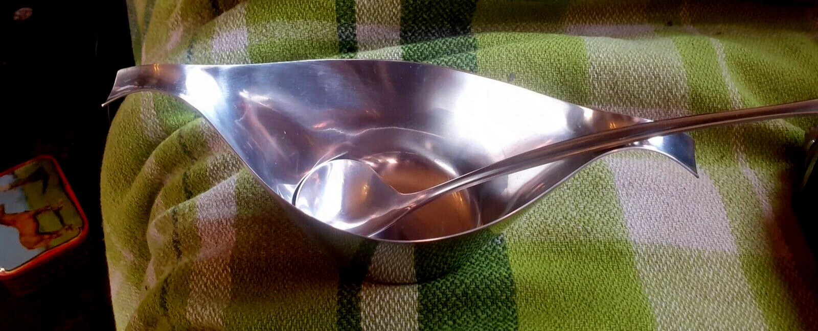 VINTAGE MID CENTURY STAINLESS STEEL SAUCE GRAVY BOAT & LADLE SAMBONET ITALY