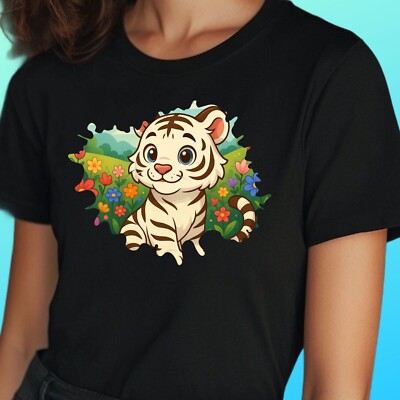 Women White Tiger in Flower Garden Motif Cotton T-Shirt Size S to 3XL