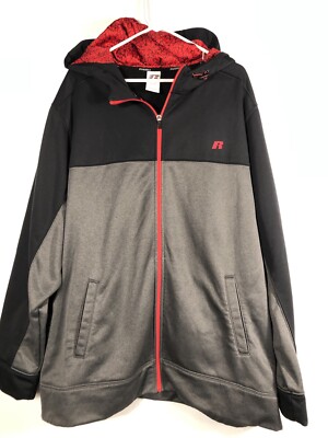 Sz 3X Men's RUSSELL Gray Black & Red POLY KNIT JACKET W/Hood Full