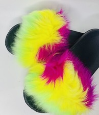 Fuzzy Fluffy Faux Fur Slides Slippers Flat Soft Sandals Open Toe Slip On Shoes