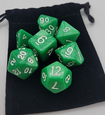 RPG Dice Set of 7 - Green W/Swirl D4 D6 D8 D10 D12 D20 D00-90 D&D With Bag