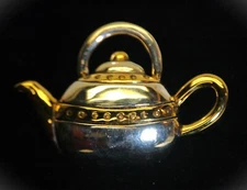 MJ Signed Jewelry Teapot Tea Pot Brooch Pendant Silver Gold Tone L