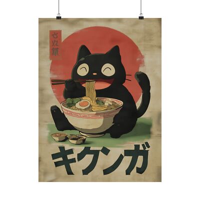 Whimsical Cat Eating Ramen Poster, Cute Wall Art for Home Decor, Anime Style