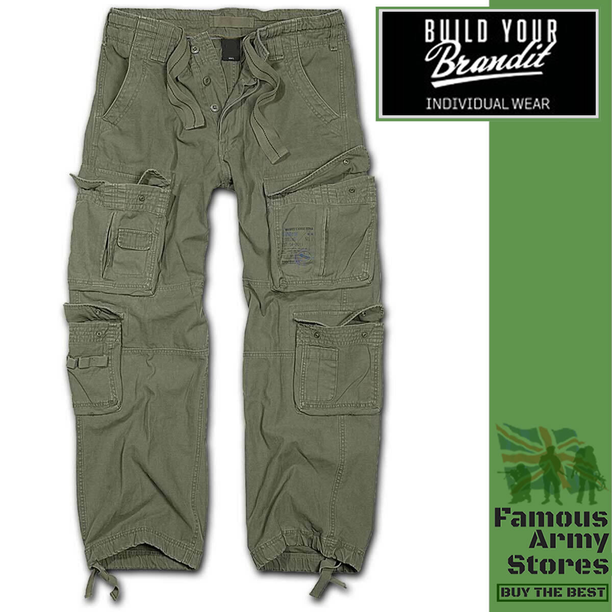 Brandit Pure Vintage Trousers Mens Combat Cargo Trousers Military Army Olive