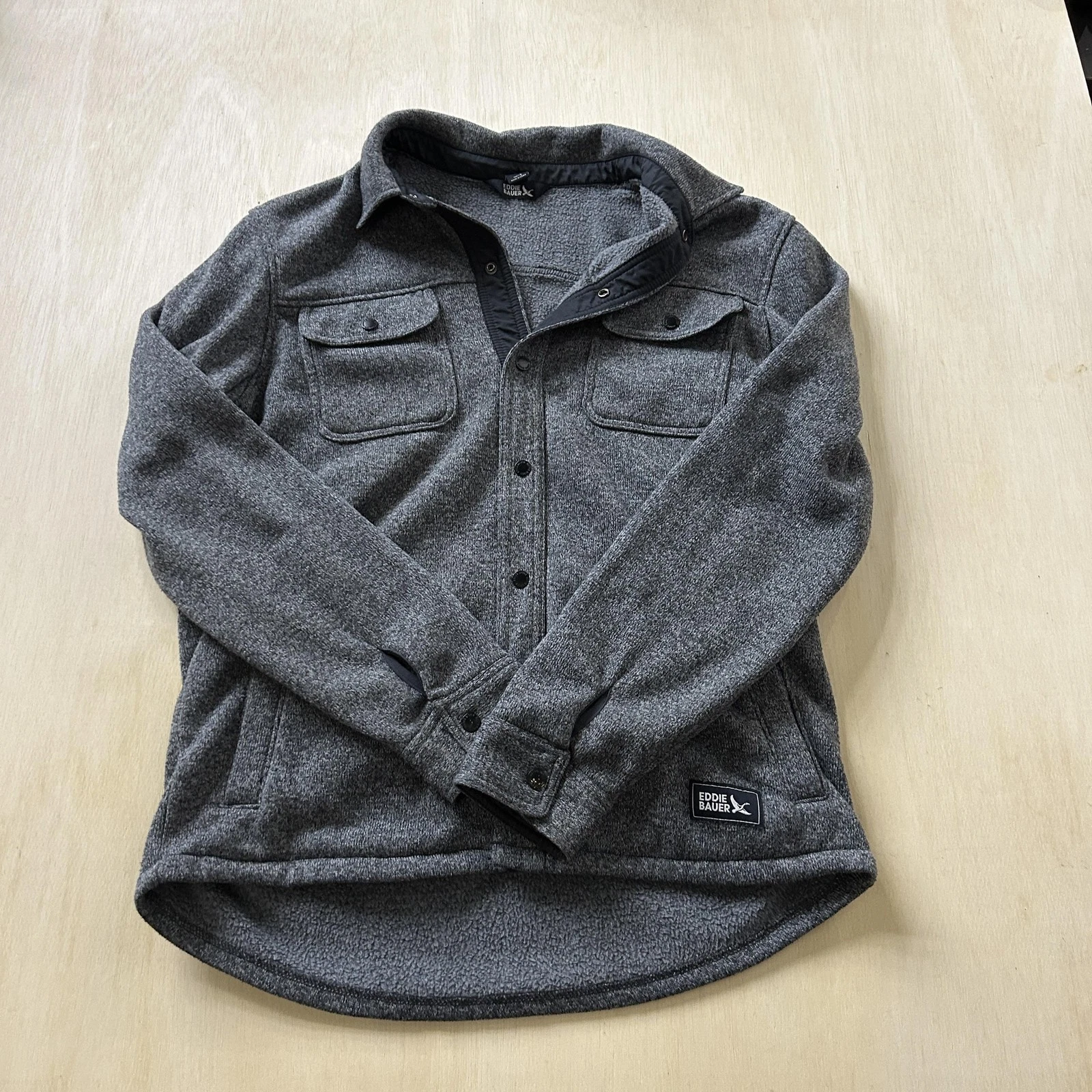 Eddie Bauer Jacket Mens Small Gray Fleece Snap Front Shirt Bomber Outdoor Warm