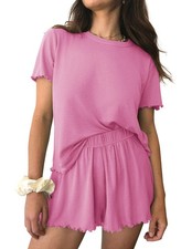 Womens Pajamas 2 Piece Ribbed Knit Pjs Short Sleeve Sleepwear Set Summer Soft...
