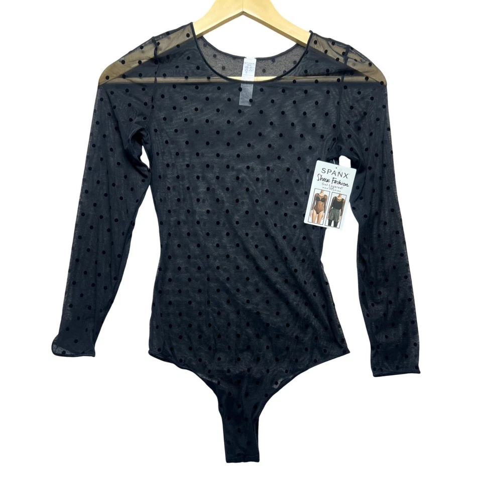 Spanx Black Mesh Bodysuit M NWT Flocked Dot Sheer Fashion Thong Long Sleeve - Image 3 of 4