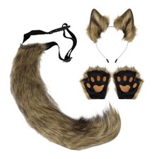 Faux Fur Cat Fox Wolf Ear Tail Paw Gloves Costume Accessory 3 Pcs