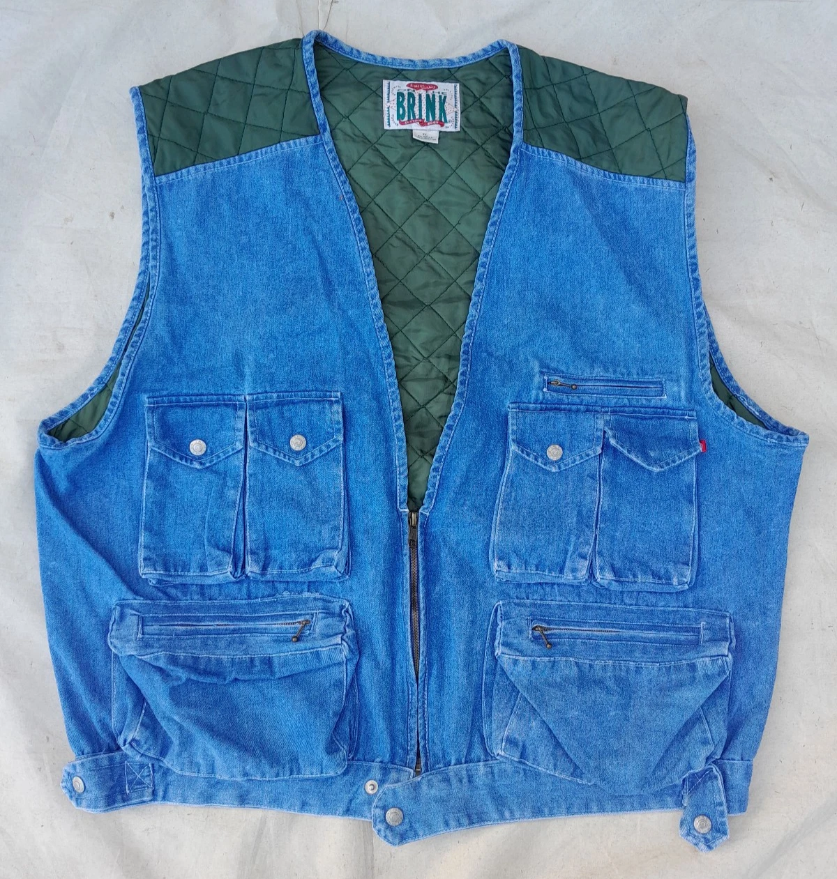 VINTAGE BRINK Denim Vest Mens Extra Large blue Utility/Fishing Quilted Back