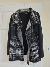 Ava Black White Plaid Sweater Cardigan Jacket Knit Wide Collar  Open Front Sz M